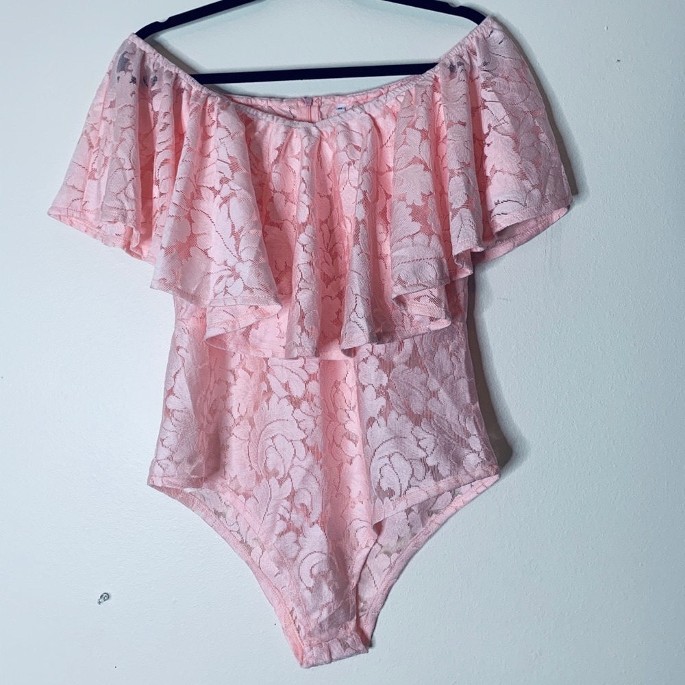 pink lace off the shoulder body suit